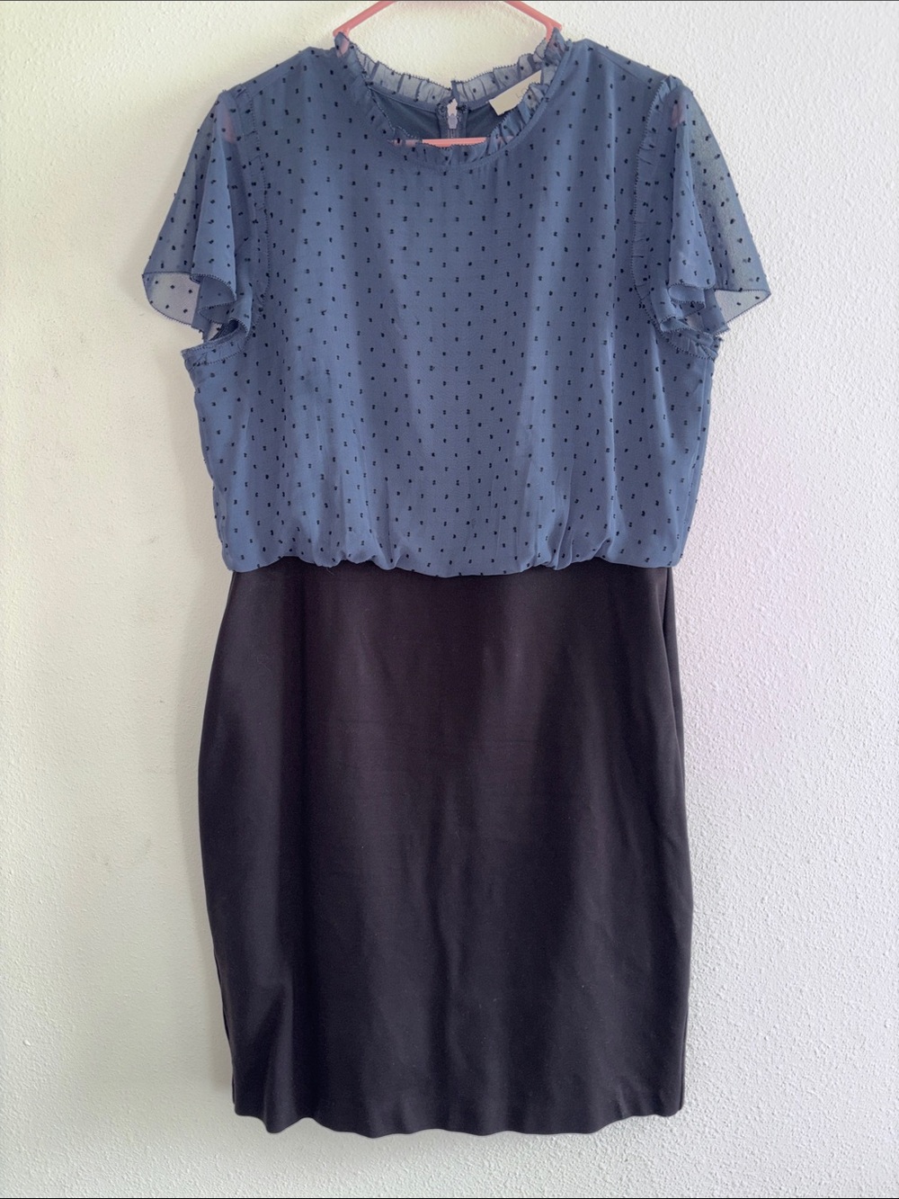 LOFT Blue Dot Chiffon Overlay Black Sheath Midi Dress